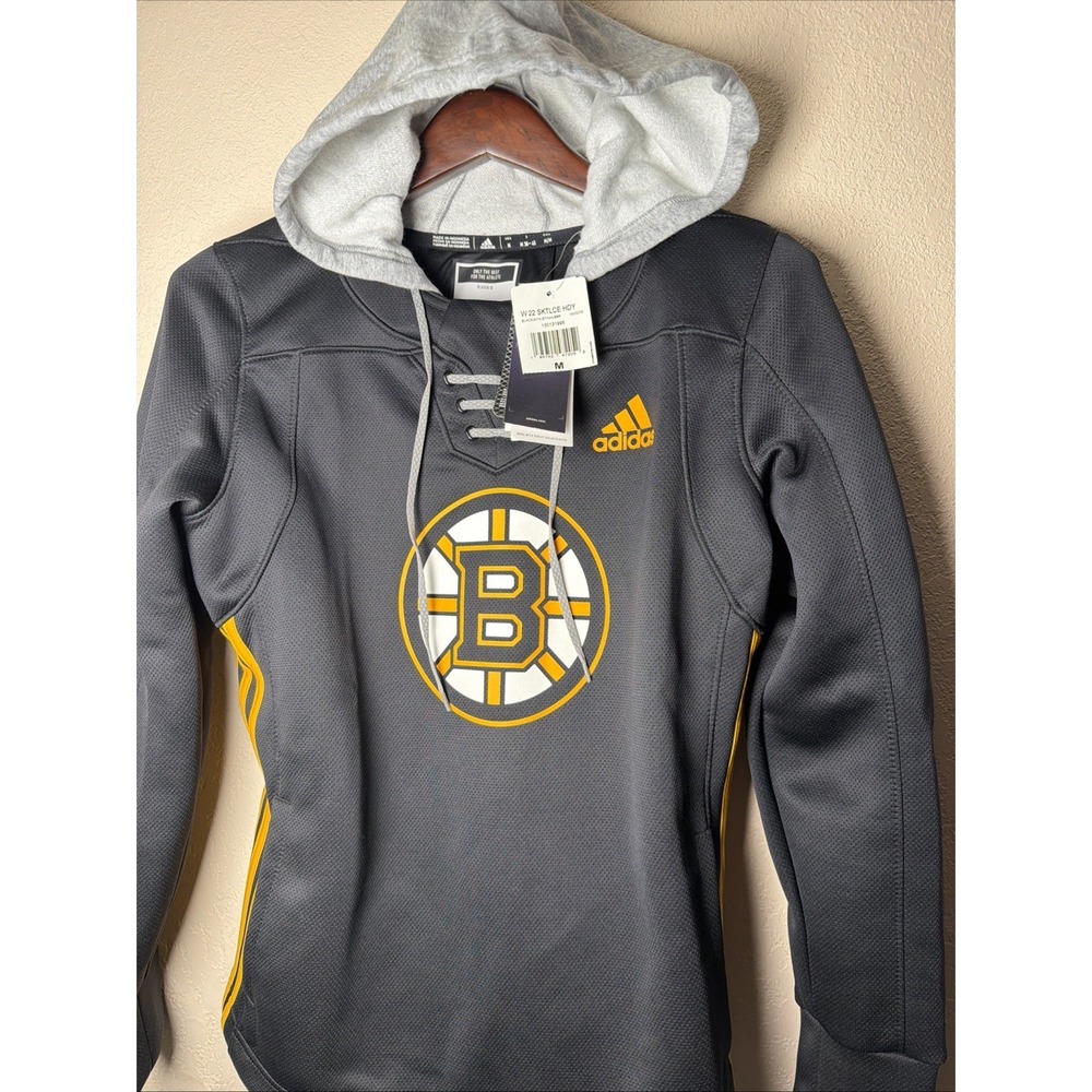 Adidas Black Boston Bruins NHL Skate Lace AEROREADY Hoodie Womens Medium New